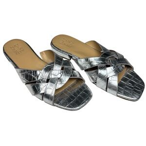 Naturalizer Ashford Slide Sandals Metallic Silver Croc Embossed 8W Wide